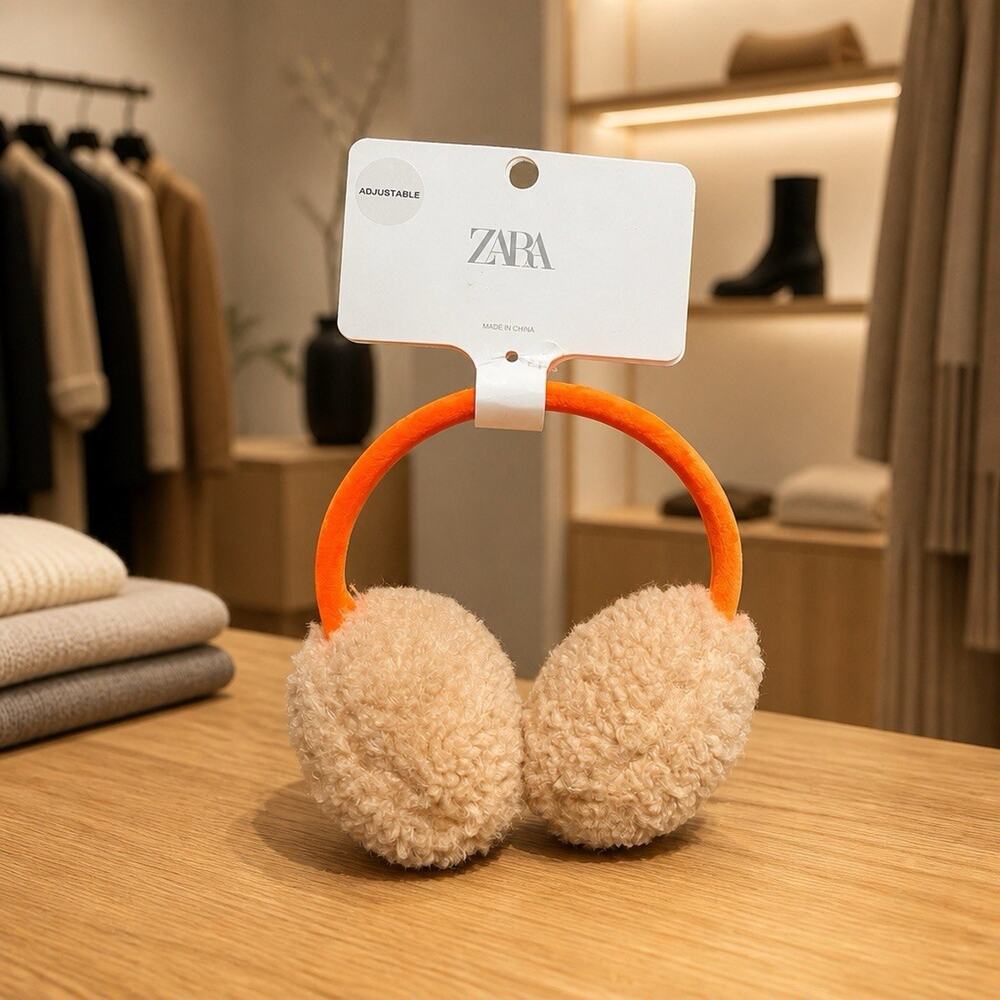 Zara Kids Adjustable Earmuffs Velvet Orange/Beige Size Medium 5-14 Years